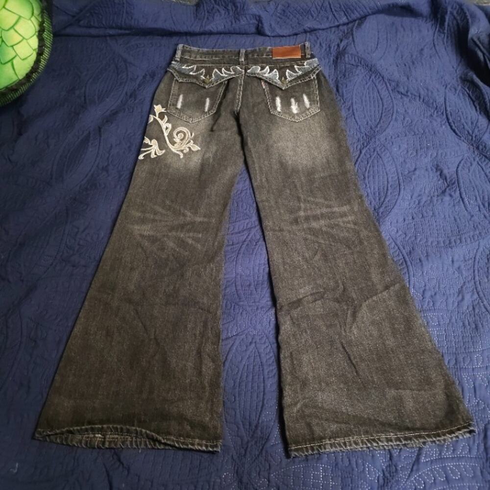 Embroidered Flare Jeans Charcoal Wash Button Flap Pockets W28 Good Condition - Picture 2 of 8